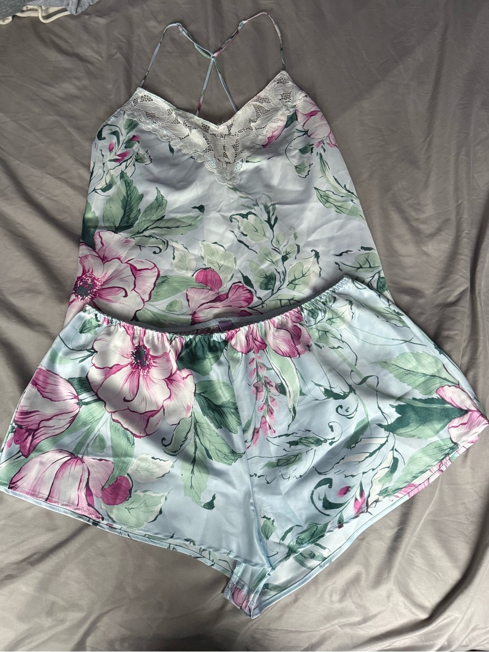 Floral Satin Lace-Trim Cami & Short Sleep Set - Pink & Green
